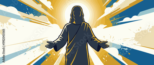 Jesus Christ Silhouette with Open Hands and Soft Heavenly Light from Above Artwork