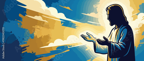 Jesus Christ Silhouette with Open Hands Against Spiritual Background Heavenly Light