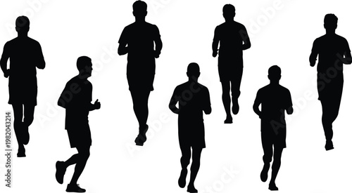 Diverse group of male runners silhouettes in motion, athletes jogging and sprinting for marathon and fitness training.