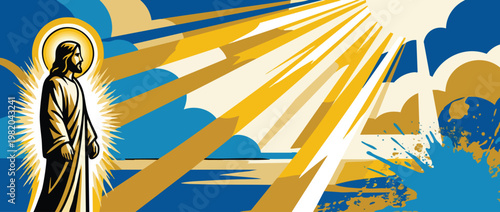 Jesus Christ with Divine Light Rays from Heaven Christian Imagery