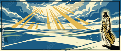 Jesus Christ Walking with Divine Light Rays and Sacred Luminous Atmosphere