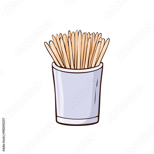 Container filled with wooden toothpicks isolated on white