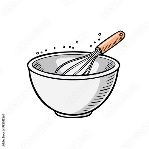 Illustration of a hand whisk mixing ingredients in a white mixing bowl with tiny bubbles floating upwards