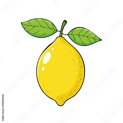 Bright Yellow Lemon with Green Leaves, Simple Cartoon Illustration