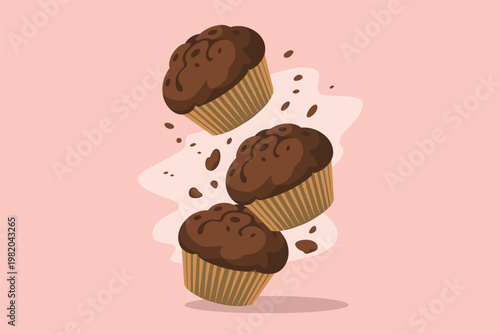 Floating Chocolate Muffins Illustration Vector Food Delight Concept