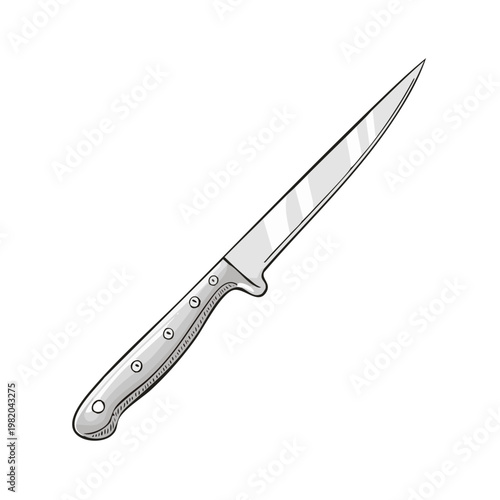 Sharp filleting knife with polished steel blade and silver handle, isolated on white background