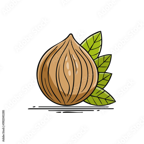 Cartoon illustration of a single hazelnut with green leaves and line art detail