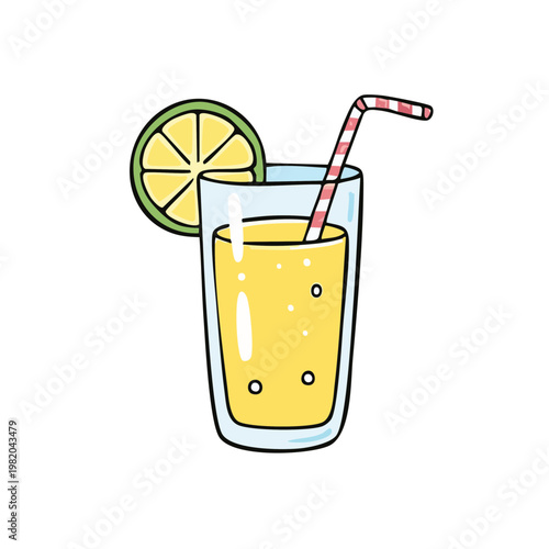 Refreshing yellow citrus drink with a lime slice and striped straw in a tall glass