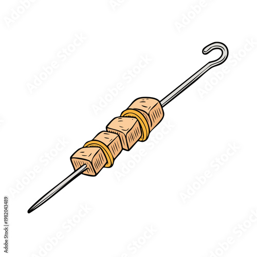 Hand-Drawn Illustration of a Single Skewer with Cubed Meat and Onion Rings