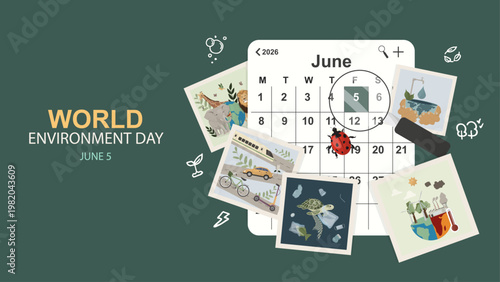 World Environment Day June Calendar Banner. Calendar with eco polaroids on green background. World environment day reminder and planner. Vector illustration