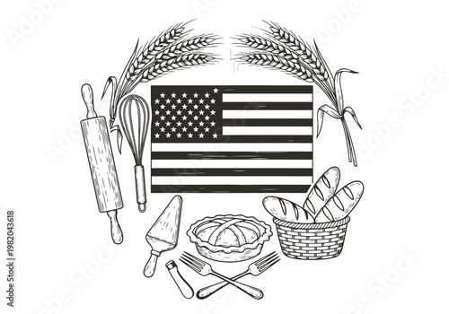 Patriotic baking and harvest illustration with american flag