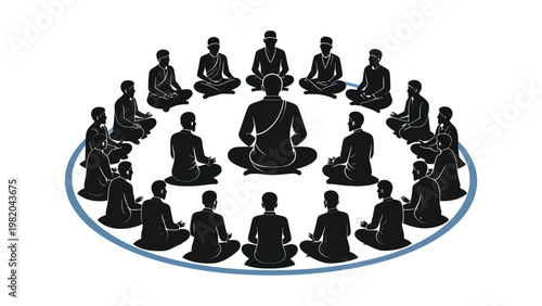 Group of people meditating in circle.