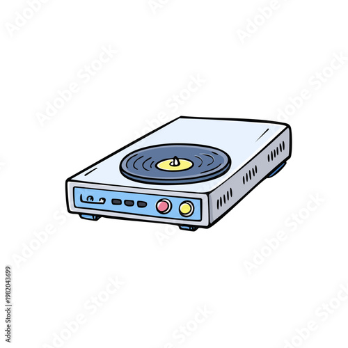 Retro turntable with vinyl record playing music in a fun cartoon illustration style