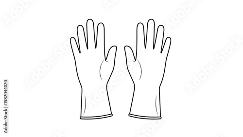Simple black line drawing of a pair of protective rubber gloves for cleaning or medical use on white.
