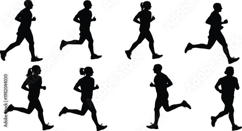 Diverse group of runners silhouette set, eight male and female athletes sprinting and jogging in various poses, black vector figures isolated on white background