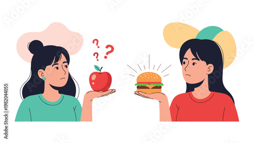 Illustration of two women contemplating food choices between a fresh red apple and a juicy hamburger.