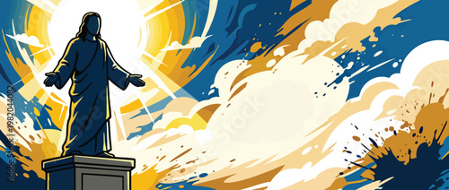 Religious Jesus Christ Silhouette with Open Arms and Heavenly Light Spiritual Background