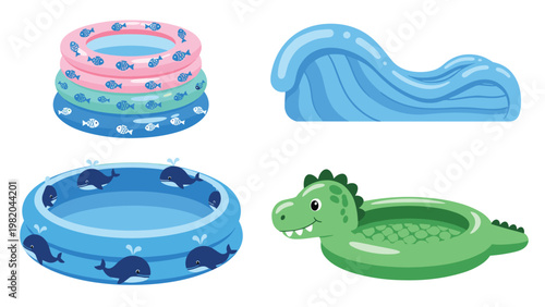 Group of four colorful inflatable kiddie pools and water slides featuring fun whale, dinosaur, and wave designs for summer play.