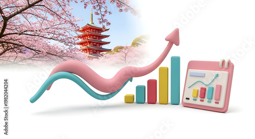 Japanese financial growth and economic success, sakura season with pagoda, rising bar chart and calendar analytics, business development and investment