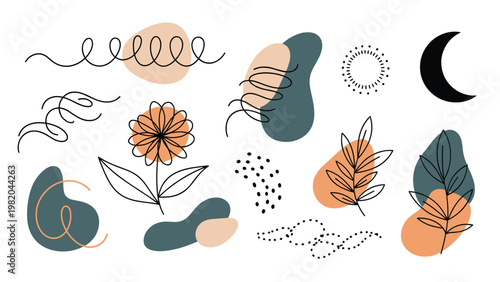 Assortment of abstract organic shapes, hand-drawn lines, flowers, and a crescent moon in a modern minimalist aesthetic style.