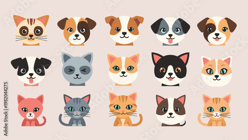 Large grid of various cute cat and dog faces in a cartoon style, displaying different breeds, colors, and friendly expressions.