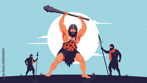 Prehistoric cavemen figures standing against a large white sun, with the central figure raising a large wooden club aggressively.