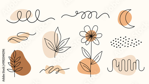 Collection of minimalist line art elements featuring flowers, leaves, a moon, and abstract scribbles on warm earthy background shapes.