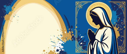 Religious Virgin Mary Silhouette Praying with Halo and Decorative Frame Background Art