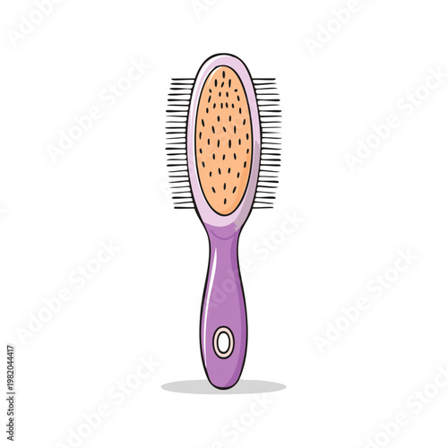 Hand drawn illustration of a purple hair brush with black bristles and an orange padded base