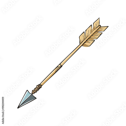 Illustration of a traditional wooden arrow with a metal tip and fletching