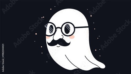 Playful ghost character wearing thick glasses and a large black mustache, set against a dark background with small pink speckles.