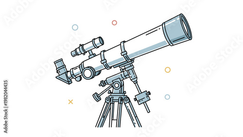 Detailed illustration of an astronomical telescope on a tripod stand, surrounded by small colorful geometric icons on a white background.
