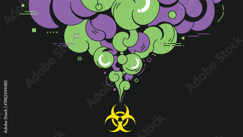 Biohazard warning symbol emitting large clouds of toxic green and purple smoke on a dark background, representing danger or pollution.