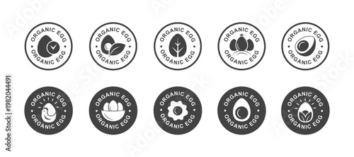 Organic Egg Round Badge Set with Text, Farm  Labels and Stamp Style with Icons, Natural Product