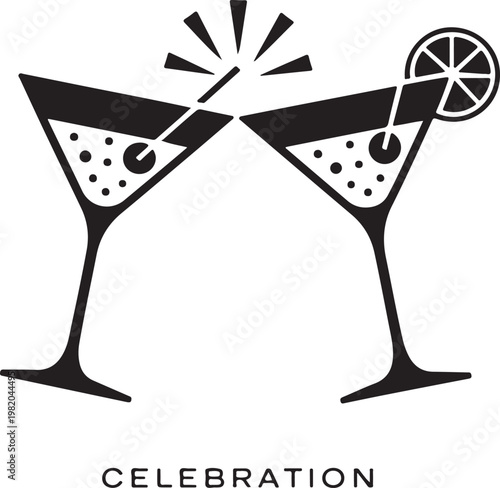 Two martini glasses clinking with martini and lemon garnish