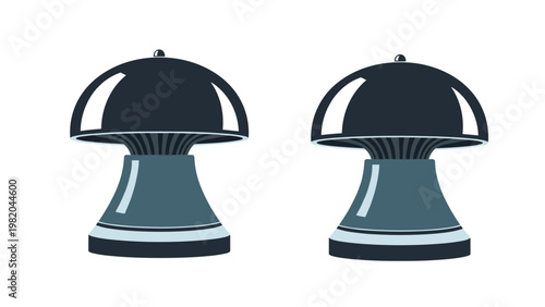 Pair of dark grey and blue mushroom-shaped lamps with a wide rounded cap and a sturdy base, shown in a clean vector style.