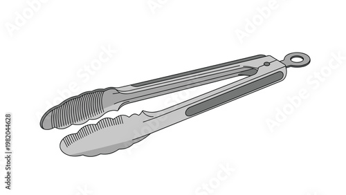 Metal kitchen tongs with scalloped edges for gripping food, shown in a clean vector illustration style with grey and black tones.