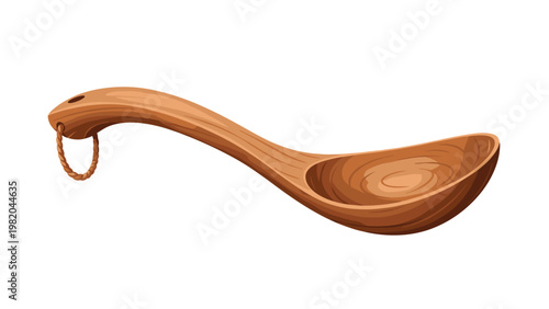 Traditional large wooden spoon or ladle with a curved handle and a small rope loop, displaying a natural grain texture.