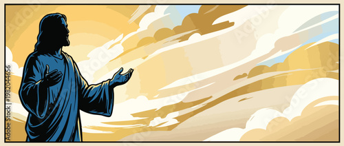 Respectful Jesus Christ Silhouette with Open Hands in Soft Heavenly Light