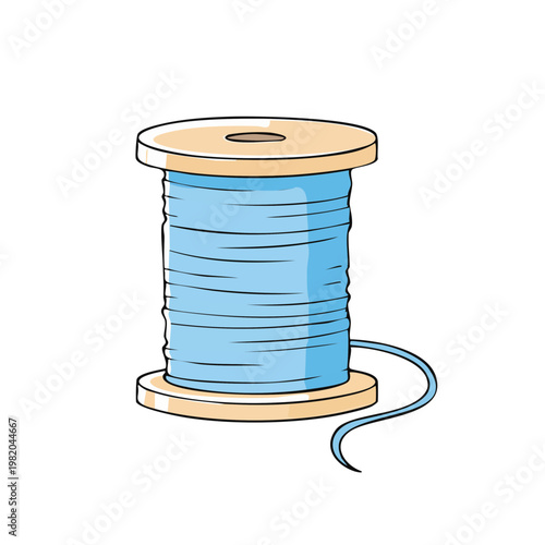 Light Blue Thread Wound Tightly on a Wooden Spool with Loose End