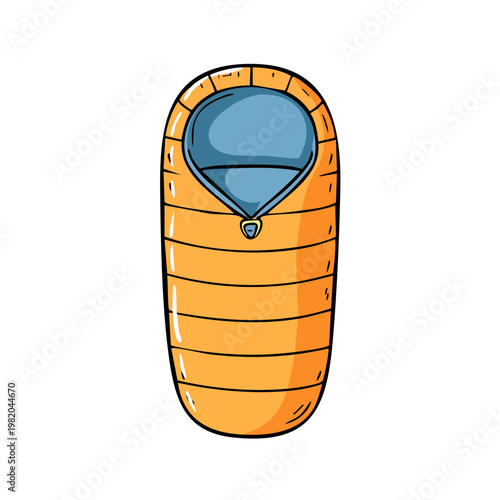 Orange and blue cartoon sleeping bag isolated on white background, camping gear