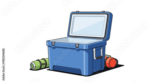 Large blue portable cooler box with an open lid, sitting next to rolled-up mats or sleeping bags for a camping trip outdoors.