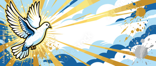 White Dove Flying with Radiant Golden Light and Clouds Illustration