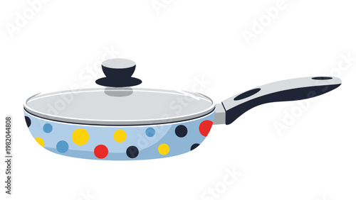 Stylish light blue frying pan with a clear glass lid decorated with vibrant multicolored polka dots for modern kitchen interior design.