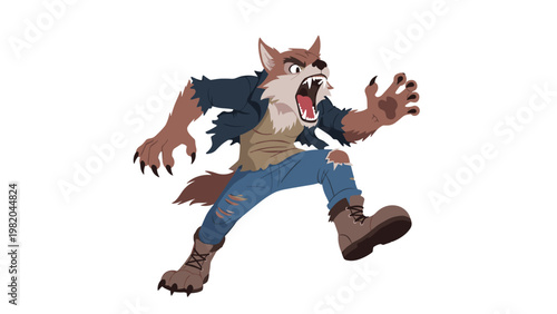 Aggressive cartoon werewolf character in a dynamic lunging pose wearing torn clothes for fantasy, horror, and creature design themes.
