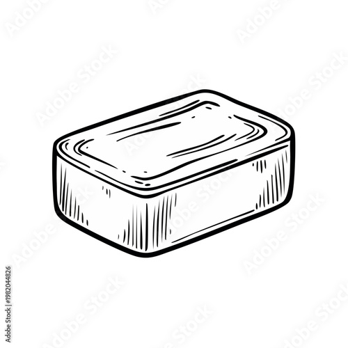 Hand-drawn illustration of a single bar of soap, simple sketch, clean hygiene product concept