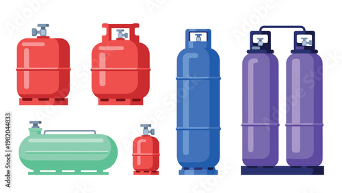 Diverse collection of industrial gas cylinders and fuel tanks in various sizes and colors for residential and commercial storage needs.