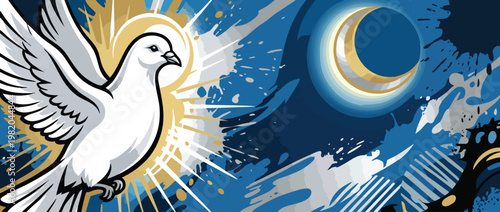 White Dove Flying with Radiant Light and Crescent Moon in Peaceful Night Sky