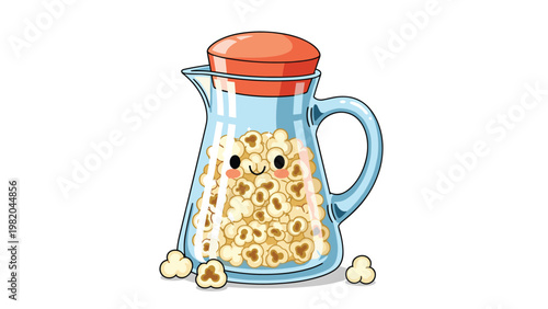 Adorable cartoon glass pitcher with a friendly smiling face filled with crunchy yellow popcorn topped with a bright red lid.