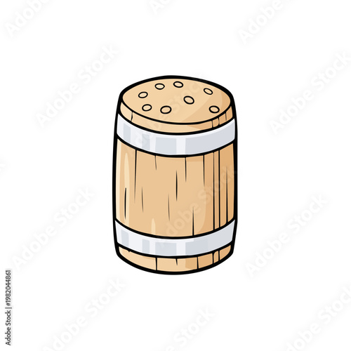 Cartoon Wooden Barrel with Metal Bands and Holes on Top